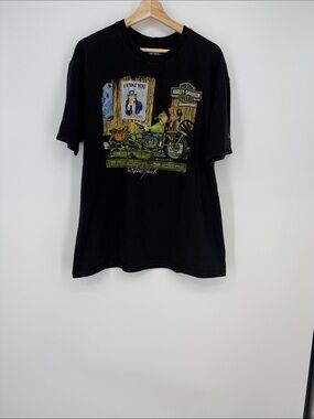 Harley-Davidson Black Tee with Green and Tan Motorcycle Graphic